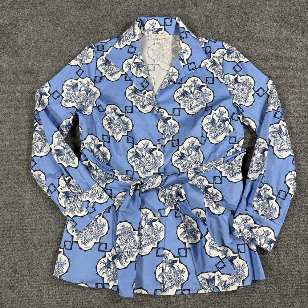 Patty Kim Top Small Blue Pearl Button Tie Chinoiserie